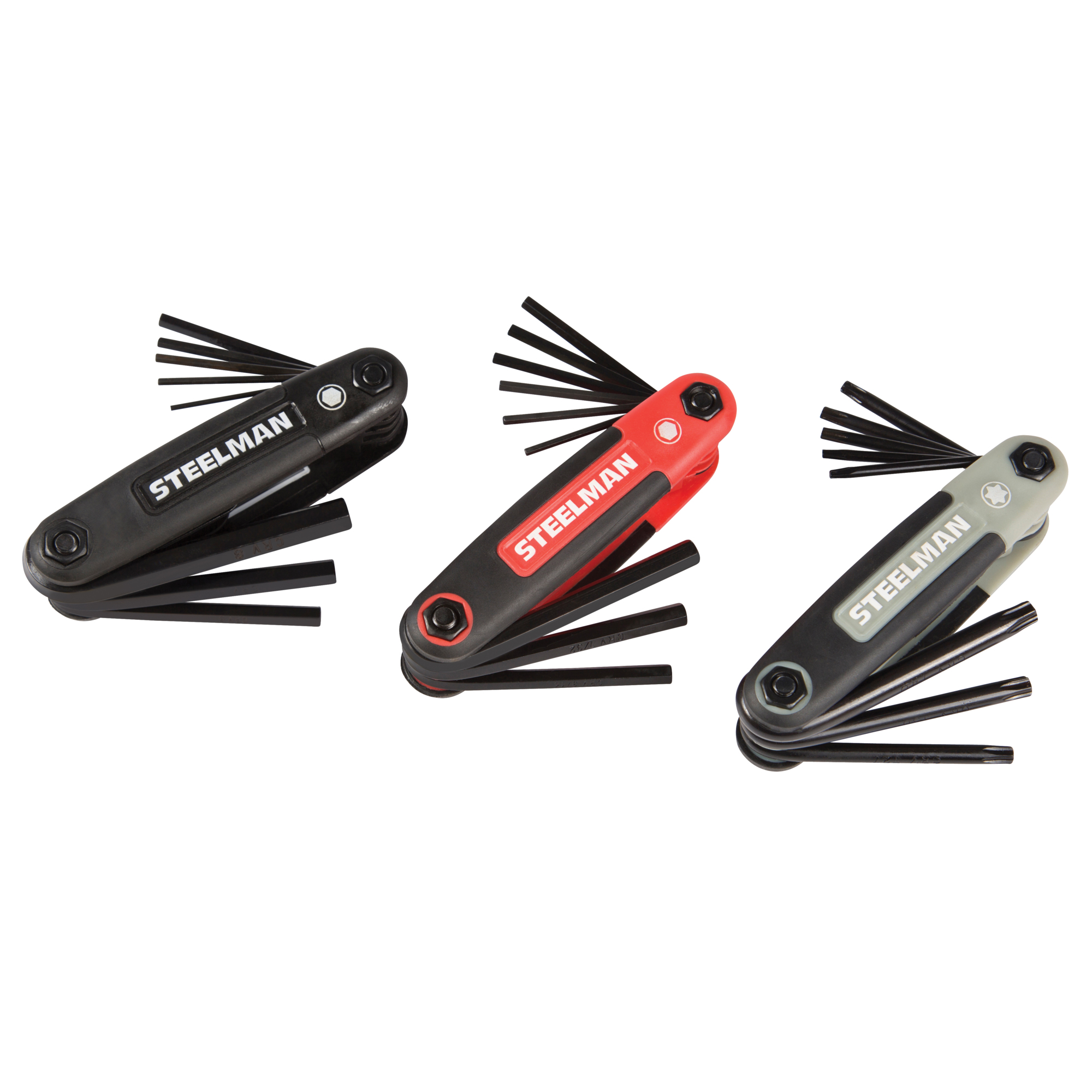 STEELMAN 3-Piece Folding Hex Key Set; Includes 9-Standard (SAE-Inch)/8-Metric (MM), and 8-Torx (T) Sizes, Model# 41928